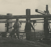 Photograph of staithes with workmen, Blyth Harbour, Blyth, Northumberland.