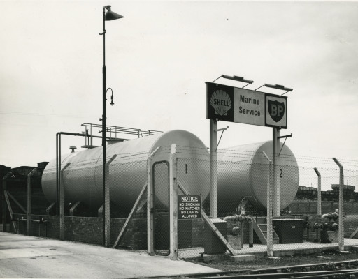 Photograph of 'Shell' & 'BP' Marine Service storage tank