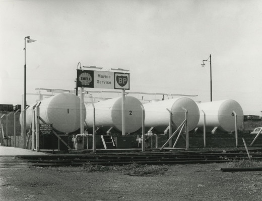 Photograph of 'Shell' & 'BP' Marine Service storage tanks